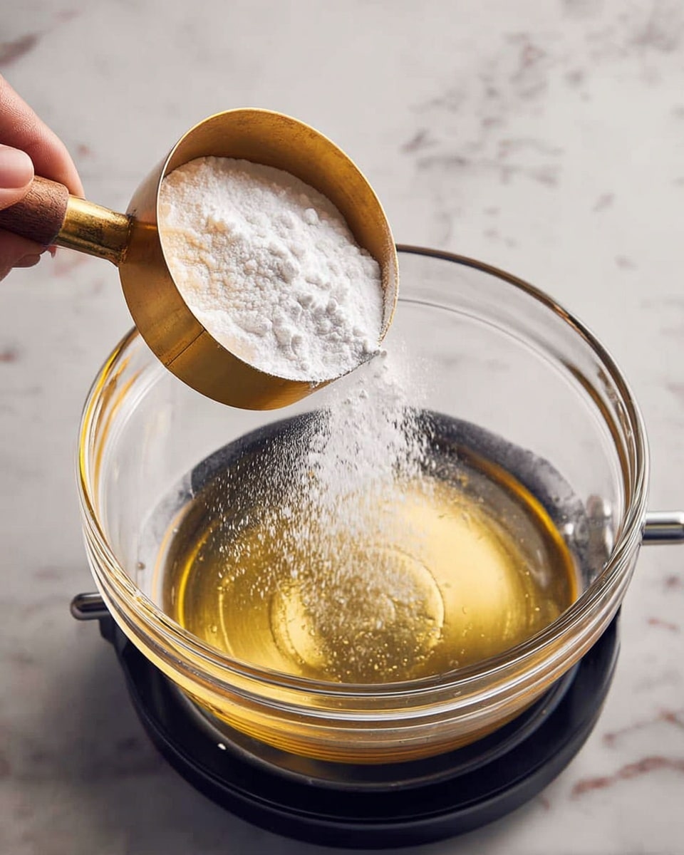A clear glass mixing bowl holds a shiny liquid with a smooth texture at the bottom, placed on a black kitchen device on a white marbled surface. Above the bowl, a woman’s hand is tilting a brass measuring cup with a wooden handle, pouring a fine white powder into the liquid, with some powder falling around the edge of the bowl. The photo is taken from above, showing the contrast between the bright white powder and the glossy golden liquid inside the bowl photo taken with an iphone --ar 4:5 --v 7