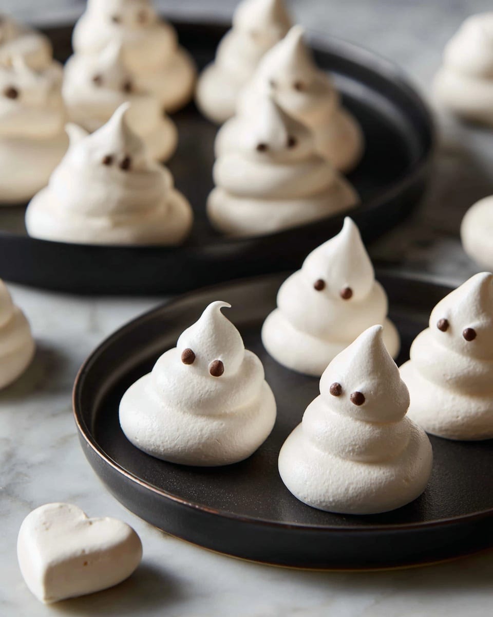 The image shows several small ghost-shaped meringues arranged closely on a white plate with orange and black Halloween-themed patterns. Each meringue has three white rounded layers stacked on top of each other, forming a plump shape with a pointed swirl tip at the top. Two dark chocolate chips are placed near the top of each meringue, representing eyes. The surface of the meringues is smooth but slightly airy, with small gentle bumps. The background features a white marbled texture. photo taken with an iphone --ar 4:5 --v 7
