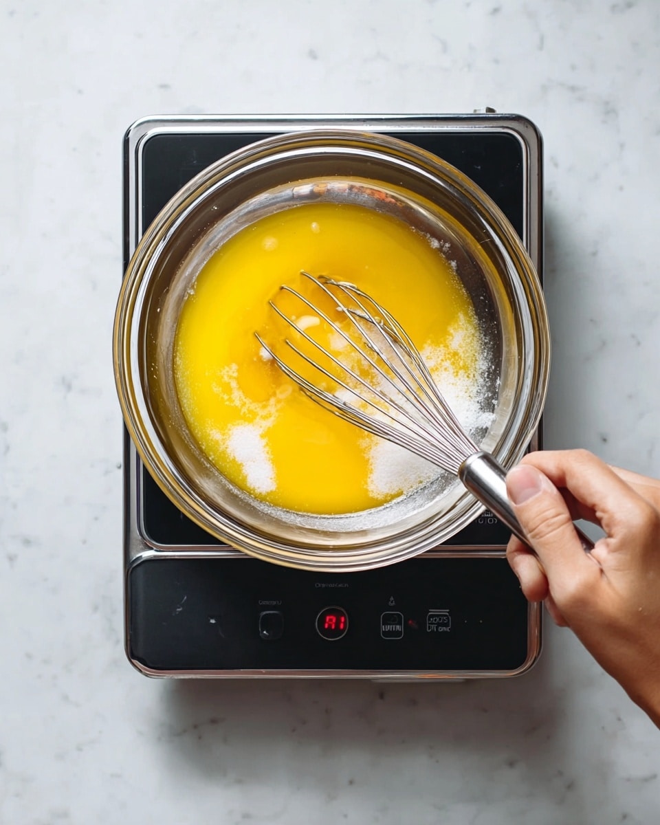 A clear glass bowl containing a mixture of bright yellow egg yolks and white sugar, placed over a silver pan on a black electric stove with a single red light on. A woman's hand is holding a metal whisk, stirring the ingredients in the bowl. The scene is set on a white marbled surface. photo taken with an iphone --ar 4:5 --v 7