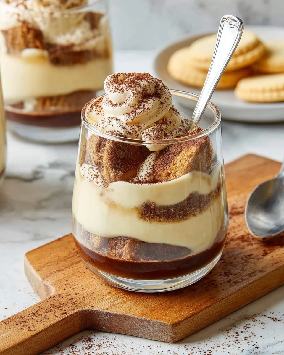The dessert is served in a clear glass with four visible layers: at the bottom is a dark brown thick layer that looks like chocolate or coffee syrup, followed by a thick creamy pale yellow layer. Above this is a layer of darker brown cookie pieces with a rough texture, dusted lightly with cocoa powder. Next is another creamy pale yellow layer spread unevenly, topped again with cookie pieces and a dollop of cream, all lightly sprinkled with cocoa powder. A silver spoon is placed inside the glass on the right side. The glass is placed on a wooden board with a white marbled surface in the background; in the back, there is another similar glass and a white plate with three light-colored biscuits. photo taken with an iphone --ar 4:5 --v 7