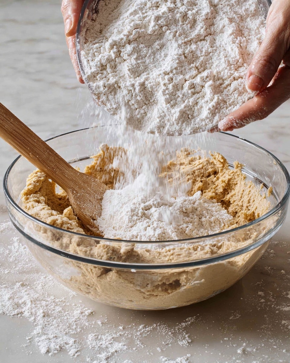 A clear glass mixing bowl contains a thick, beige dough as the bottom layer, with a wooden spatula resting inside it on the left side. On top of the dough, there is a large amount of white flour being poured in from a clear glass bowl held by a pair of woman's hands visible at the top. The texture of the flour is fine and powdery, contrasting with the rough and sticky dough below. The background is a white marbled surface. photo taken with an iphone --ar 4:5 --v 7