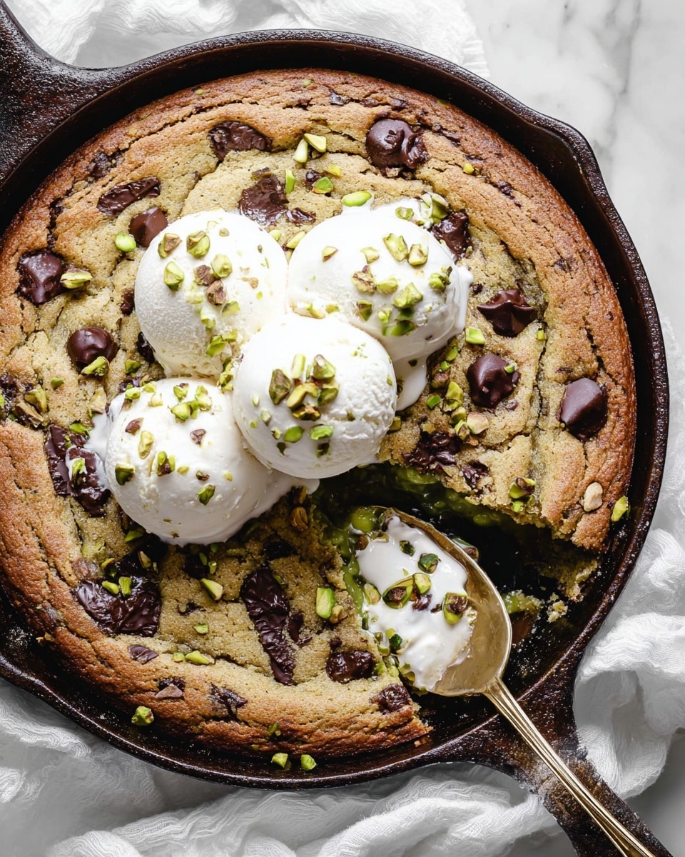 A thick, golden brown cookie with a slightly crispy edge is baked in a dark iron pan, studded with large dark chocolate chunks and sprinkled with small green pistachio pieces all over; the center is soft and shows a gooey green filling where a spoon is scooping a portion out from the bottom right. On top of the cookie are four smooth, round scoops of white ice cream, slightly melting and decorated with more chopped pistachios. The pan rests on a white marbled textured surface with a white cloth underneath. Photo taken with an iphone --ar 4:5 --v 7