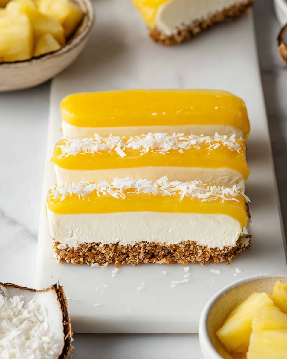 The image shows a rectangular dessert with three layers on a white rectangular tray on a white marbled surface. The bottom layer is a crumbly brown crust with a rough texture. Above this is a thick creamy white layer, smooth and soft-looking. The top layer is made of bright yellow pineapple strips laid side by side, with small pieces of pineapple and white flakes sprinkled on top for decoration. In the background, there is a bowl of whipped cream and a bowl of yellow pineapple chunks, all placed on the white marbled surface. Photo taken with an iphone --ar 4:5 --v 7