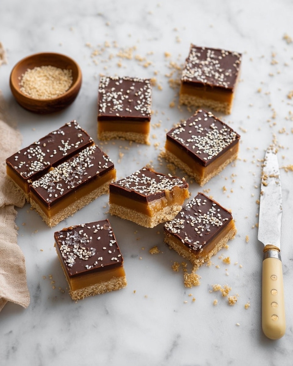 The image shows a stack of three dessert bars placed on a white marbled surface. Each bar has three distinct layers: the bottom layer is a light beige, crumbly-looking base, the middle layer is a smooth, rich orange-brown filling, and the top layer is a thin, dark brown chocolate coating sprinkled with small white sesame seeds. Between each bar is a small square of white parchment paper. The bars are rectangular with clean edges and the photo is softly lit to highlight the textures and colors of the layers. Photo taken with an iphone --ar 4:5 --v 7