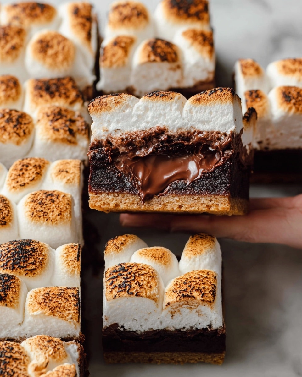 The image shows pieces of a dessert made of three layers; at the bottom, there is a thin, light brown graham cracker crust, in the middle, a thick, dark brown chocolate brownie layer with melted chocolate visible inside, and on top, a layer of toasted marshmallows with a golden brown cracked surface. One piece is lifted and held by a woman's hand, showing the gooey texture between layers. The dessert pieces are placed on a white marbled surface, with the toasted marshmallow tops closely packed together. Photo taken with an iphone --ar 4:5 --v 7