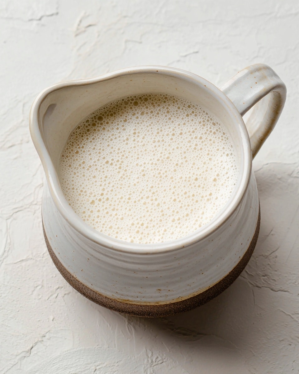 A close-up image of a white ceramic pitcher with a small spout, filled with a frothy white liquid that has many small bubbles on the surface. The pitcher has a wide handle on the right side and sits on a white marbled textured surface. The pitcher’s bottom part is brown, adding an earthy contrast to the white upper part. The liquid inside looks smooth and creamy. photo taken with an iphone --ar 4:5 --v 7