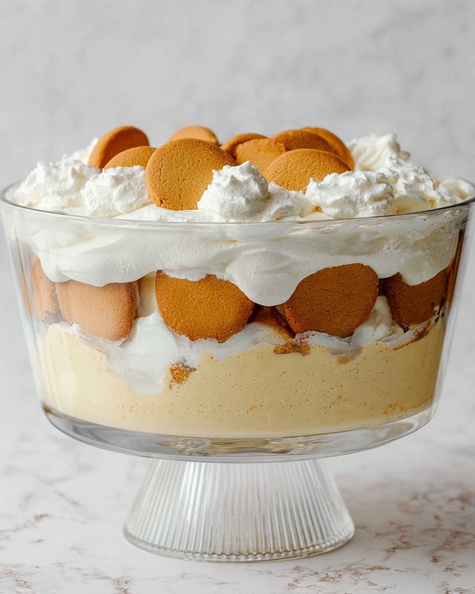 A clear glass dessert bowl on a ribbed pedestal holds a layered trifle. The bottom layer is light cream-colored with a smooth texture. Above that, there is a thick white creamy layer that looks soft and fluffy. The top layer consists of round, light brown cookies placed closely together, with more dollops of white cream between them. The dessert sits on a white marbled surface. photo taken with an iphone --ar 4:5 --v 7