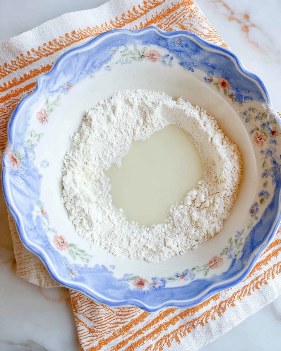 A white bowl with a blue scalloped edge and a floral pattern on the rim holds two layers: the bottom layer is a slight pool of pale liquid, while the top layer is a ring of white flour with a powdery texture surrounding it, placed on a cloth with orange line patterns, all set on a white marbled surface photo taken with an iphone --ar 4:5 --v 7