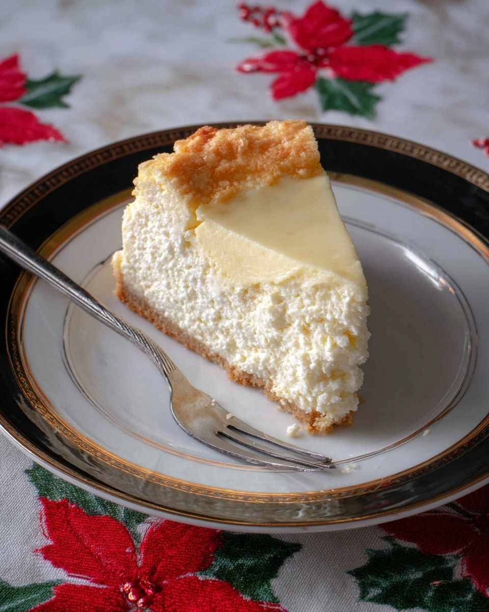 A slice of cheesecake with two layers sits on a white plate with a black and gold thick rim. The bottom layer is thick, crumbly, and off-white, textured like soft cheese, while the top layer is smooth, creamy, pale yellow, and slightly shiny. A silver fork rests on the plate behind the slice. The plate is placed on a white marbled surface with a red and green poinsettia floral pattern visible around the edges. photo taken with an iphone --ar 4:5 --v 7