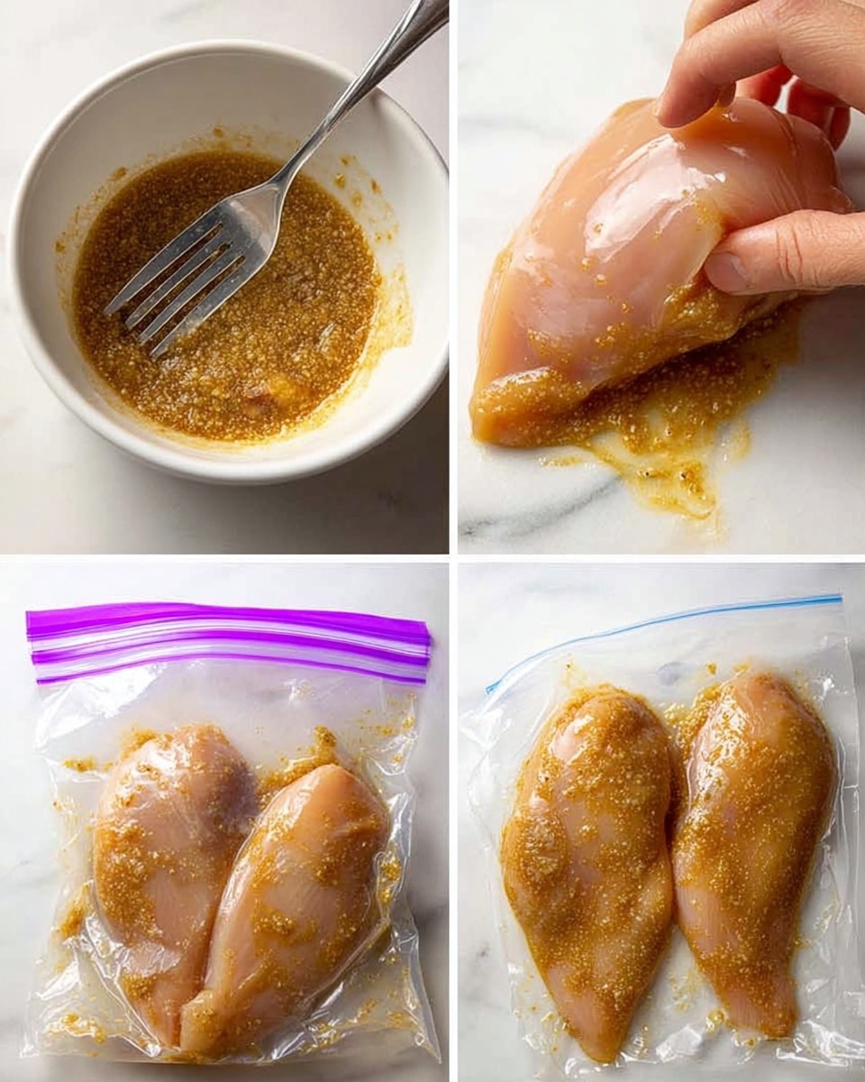 A white bowl contains a wet, grainy, golden-brown mix being stirred with a metal fork in the top left; in the top right, a woman's hand holds a raw chicken breast on a white marbled surface, spreading the same golden-brown mix over it. The bottom left shows two raw chicken breasts coated with the golden marinade inside a clear ziplock bag with purple trim, and the bottom right shows the ziplock bag fully sealed, containing the two marinated chicken breasts side by side, all on a white marbled background. photo taken with an iphone --ar 4:5 --v 7