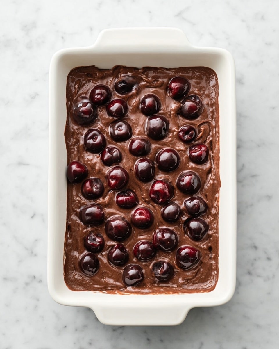 A white rectangular pan holds a dark brown chocolate cherry dessert with a cracked, soft top layer showing some darker spots where cherries are embedded. A wooden spoon scoops a portion from the right side, revealing moist and dense texture underneath. Near the pan, two small white bowls sit on a white marbled surface: one filled with whole dark red cherries and the other with white cream. Part of a striped cloth is visible near the bottom edge. photo taken with an iphone --ar 4:5 --v 7
