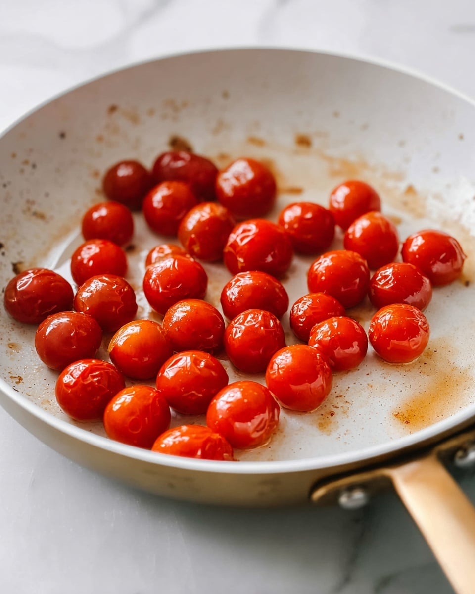 A white pan with a gold handle is shown with one layer of shiny, small red cherry tomatoes scattered across the bottom. The tomatoes look fresh and slightly cooked, resting on a surface that has some light brown oil and cooking marks. The background is soft and blurred white marbled texture. photo taken with an iphone --ar 4:5 --v 7