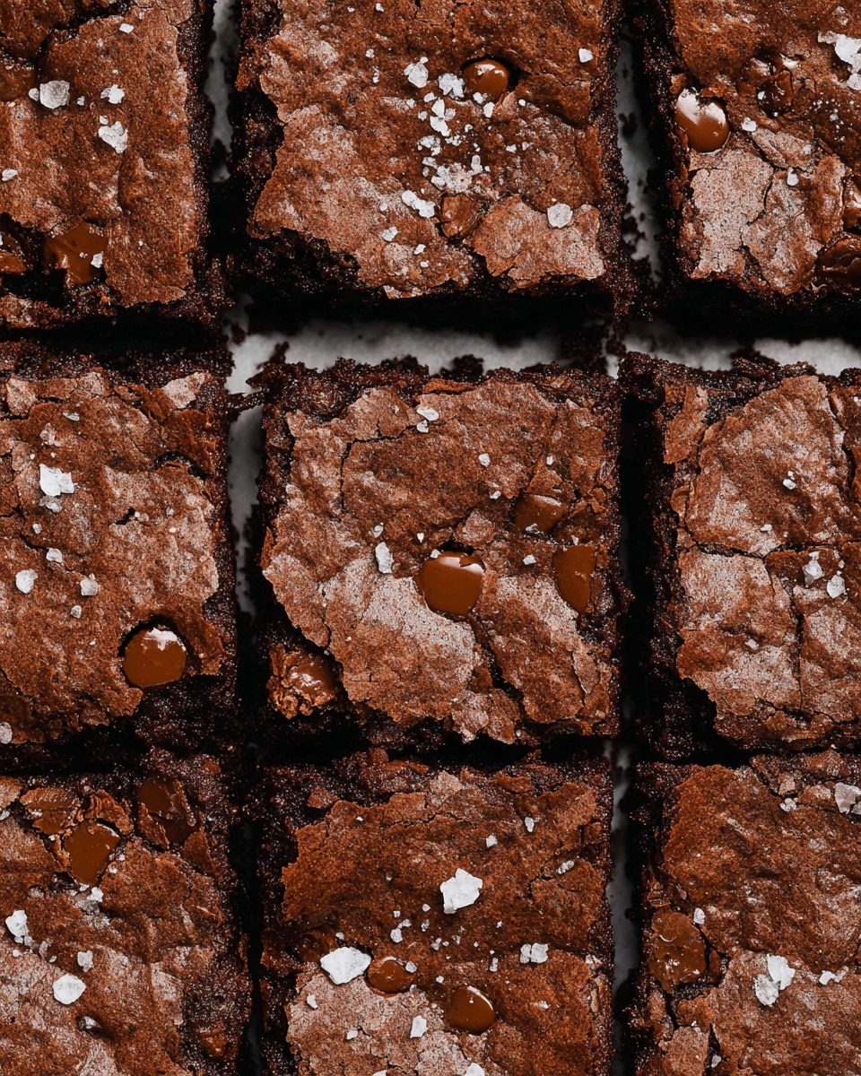 A close-up view of freshly baked chocolate brownies cut into a 3 by 3 grid, showing nine square pieces filling the frame. The top layer is dark brown with a cracked, slightly rough texture, scattered with shiny, melted chocolate chips and small white bits of flaky salt on each piece. The middle and bottom layers are not visible but suggested by the thick, dense look of the brownie edges between the squares. The surface under the brownies is a white marbled texture. photo taken with an iphone --ar 4:5 --v 7