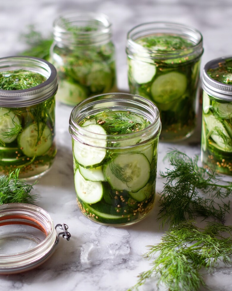 The image shows a clear glass jar filled with sliced green cucumbers and fresh green dill sprigs mixed with light brown coriander seeds, all submerged in a clear brine. The jar is round and transparent, showing the shiny, wet texture of the cucumbers and dill inside. The jar sits on a white marbled surface with some green dill sprigs scattered around it, and two more similar jars are blurred in the background. The jar has a metal clasp on the side but is open, revealing the contents inside. photo taken with an iphone --ar 4:5 --v 7