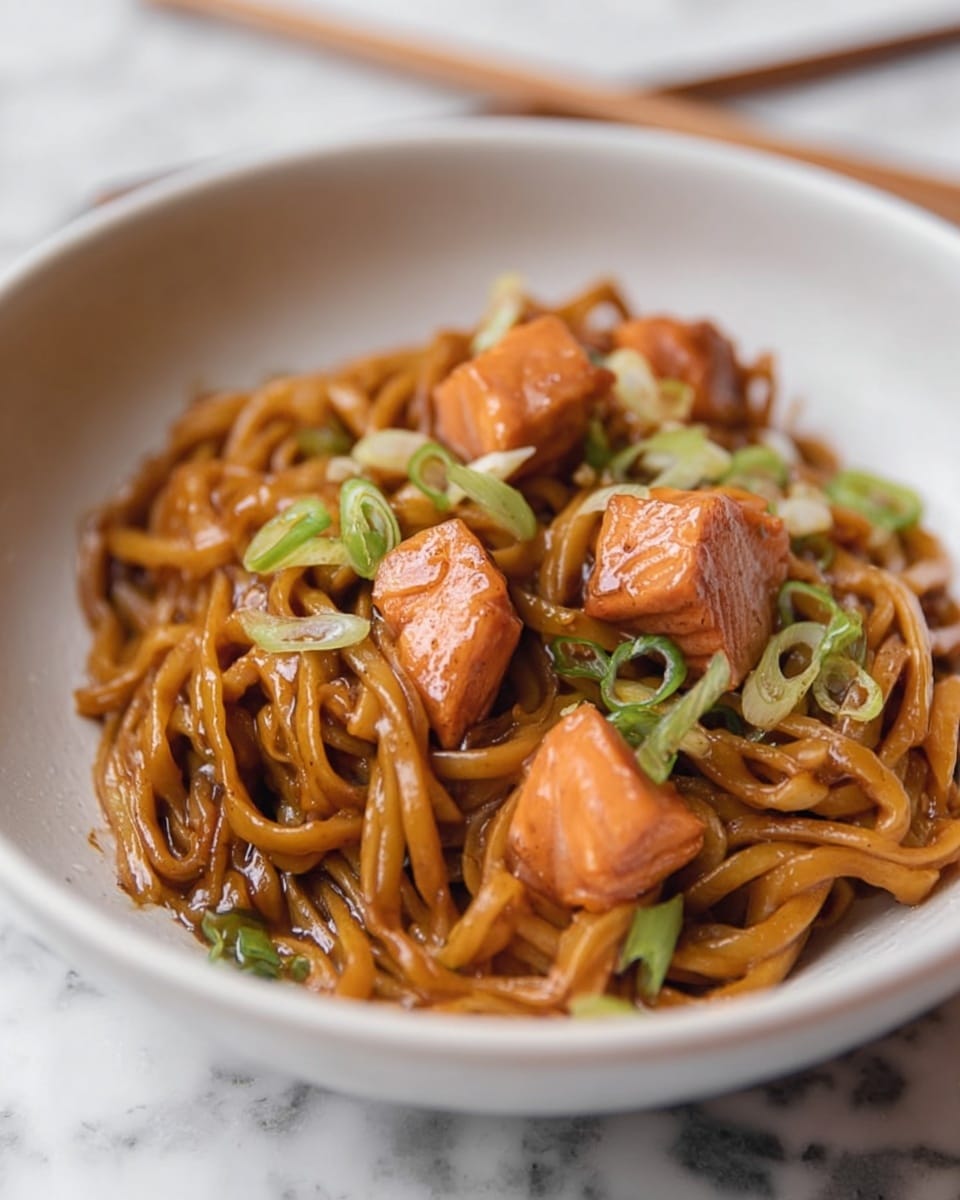 The image shows a white rectangular dish filled with a dark brown sauce mixed with noodles and small orange pieces of cooked meat or tofu. The noodles are glossy and tangled throughout the dish, with green peas and slices of green onion scattered on top, adding a fresh touch of color. The sauce is thick and clings to the noodles and meat, and there are slight stains of sauce around the edges of the dish. The dish sits on a white marbled surface. photo taken with an iphone --ar 4:5 --v 7