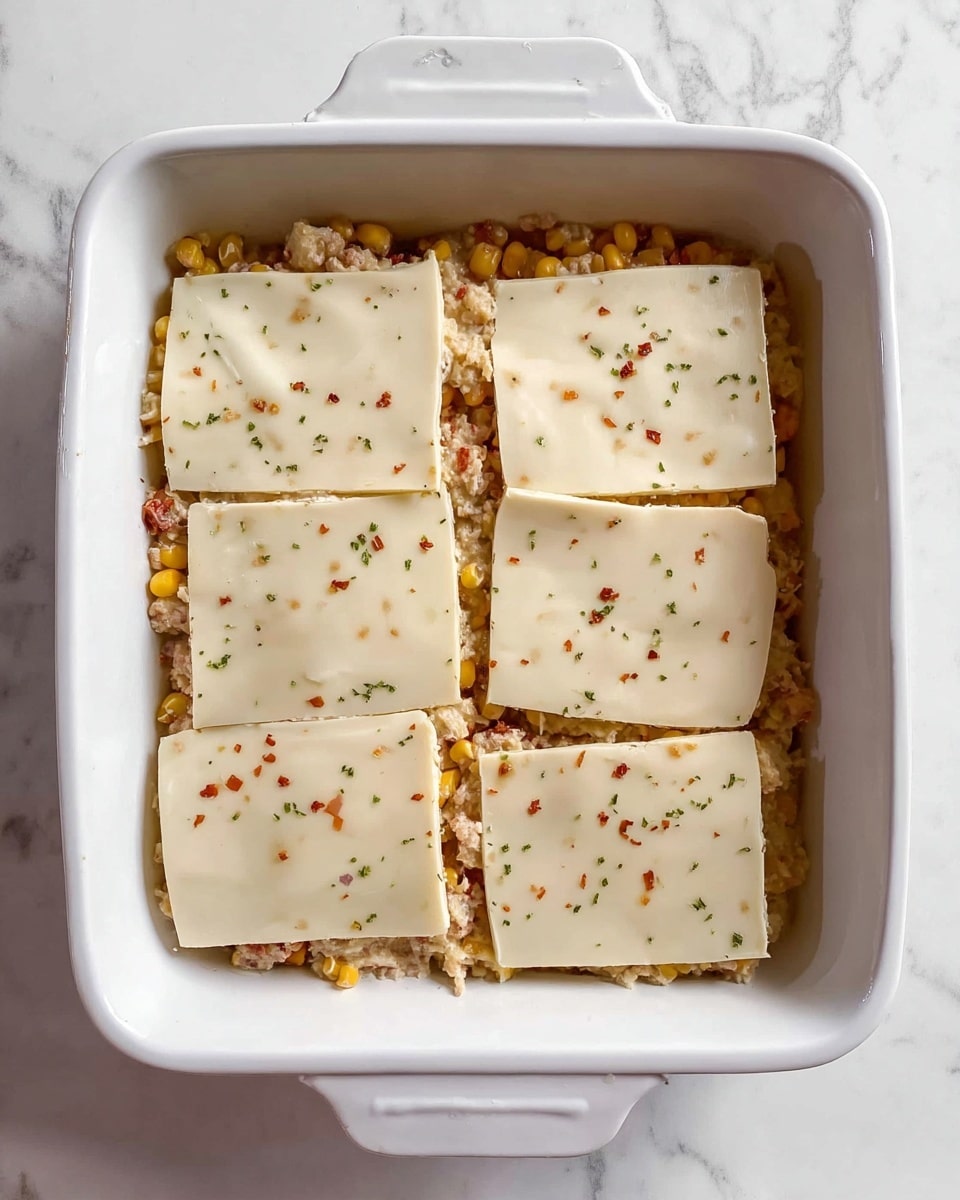 The image shows a baked casserole in a white rectangular dish with blue edges, placed on a white marbled surface with a red and white cloth beside it. The casserole has three visible layers: the bottom layer is light brown and chunky, possibly chicken or beans; the middle layer is a creamy mixture with a slightly beige tone and some small bits of vegetables; the top layer is melted cheese with a golden-brown spot near the edges and small green herb leaves scattered on top. A spoon is lifting one square piece, showing the soft and creamy inside texture with some red chili bits. Photo taken with an iphone --ar 4:5 --v 7