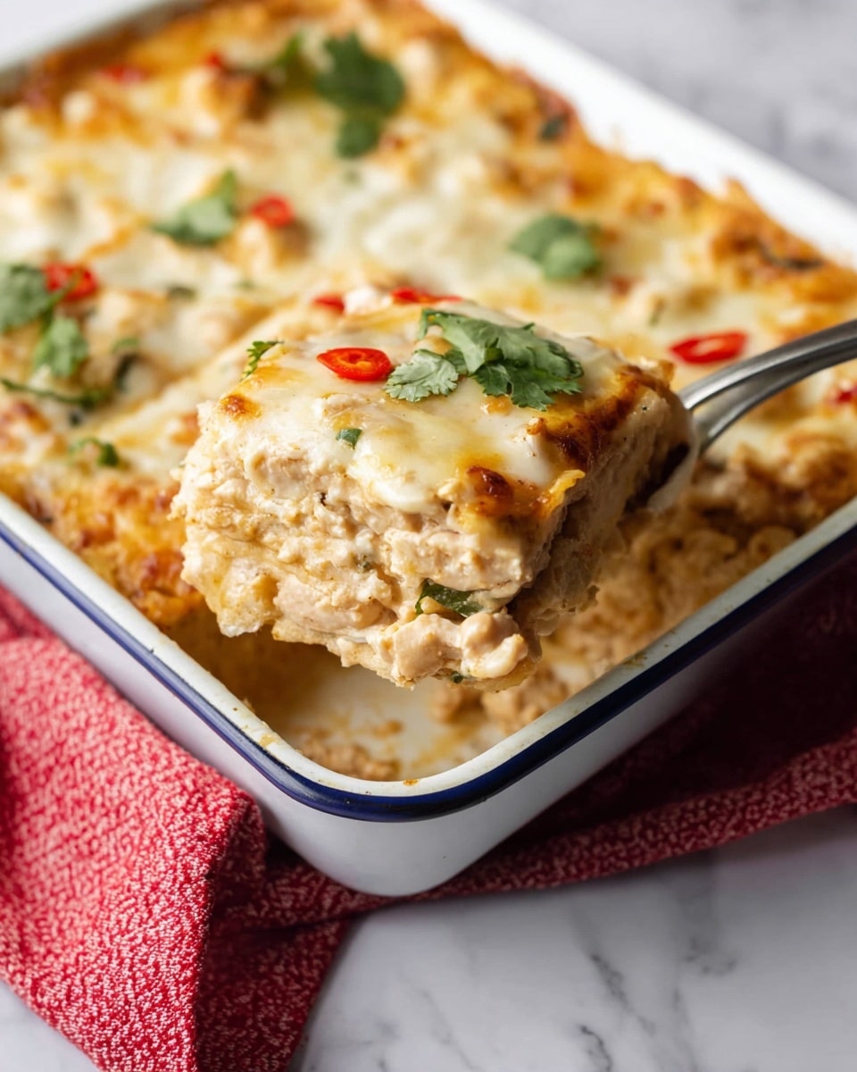 A white rectangular baking dish holds six layered pieces of baked enchiladas, each topped with melted creamy cheese that is light golden brown with small bubbles and specks of red seasoning. The top layer is garnished with small green cilantro leaves scattered evenly. Beneath the cheese, some of the layers show a mixture of diced chicken and yellow corn, giving a textured and chunky appearance. A silver spoon is scooping one portion near the top left corner, slightly lifting the enchilada to reveal the layers inside. The dish sits on a white marbled surface next to a red and white checkered cloth. Photo taken with an iphone --ar 4:5 --v 7