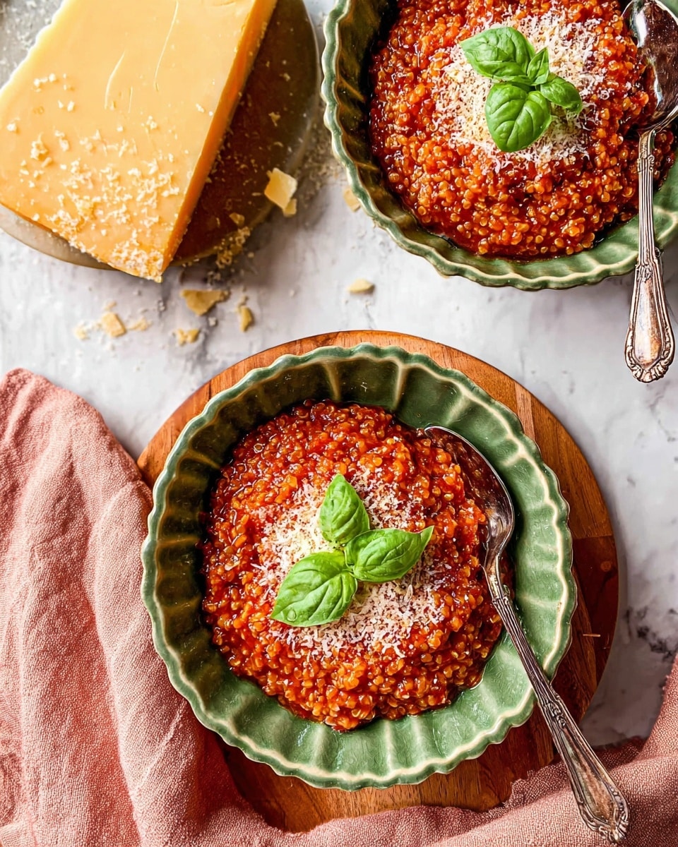 Two green scalloped bowls filled with three layers of food: the bottom layer is a thick, grainy red sauce with visible grains, topped with a sprinkling of white grated cheese, and finished with fresh dark green basil leaves placed in the center. Each bowl has an ornate silver spoon on the right side. The bowls are set on a white marbled surface with a small wooden board underneath the bottom bowl. To the left, a large wedge of yellow cheese with some white salt flakes sits directly on the surface. A soft, pink cloth is draped partly under the right side of the bottom bowl. Photo taken with an iphone --ar 4:5 --v 7