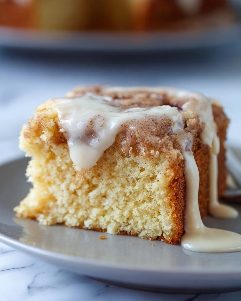 A close-up of a slice of cake on a white plate, sitting on a white marbled surface. The cake has two main layers: the bottom is a soft, light yellow sponge, and the top layer is a lighter brown cinnamon swirl. On top, thick white icing is melting and dripping down the side of the cake, partly covering the cinnamon layer. The edges of the cake are slightly browned, showing a gentle crust. Photo taken with an iphone --ar 4:5 --v 7