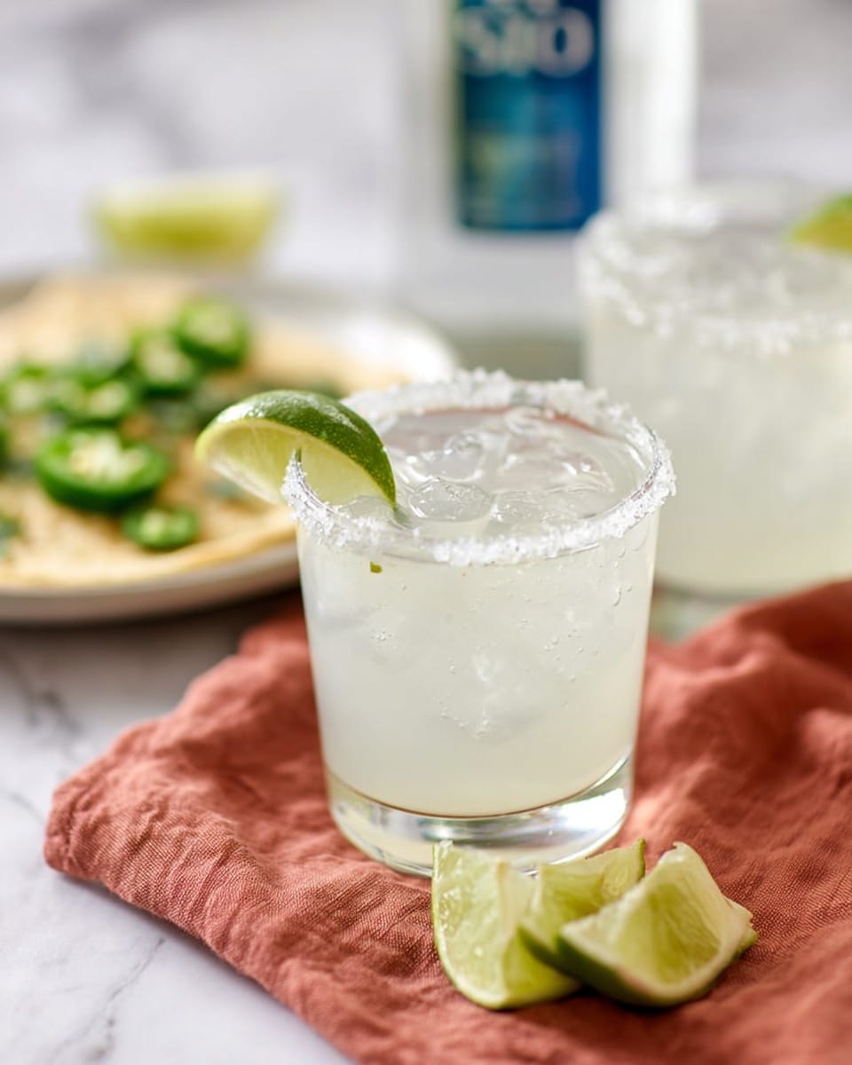 The image shows two clear, short glasses filled with a light icy drink. Each glass has a salted rim and a bright green lime wedge floating on top, with many ice cubes inside. The glasses sit on a soft, rust-colored cloth on a white marbled surface. In front of the nearest glass are two lime wedges resting on the cloth. Behind the glasses, a white plate holds a dish topped with sliced green jalapeños and some chopped herbs, all set on the white marbled surface. A clear bottle with a blue label is also visible blurred in the background. photo taken with an iphone --ar 4:5 --v 7