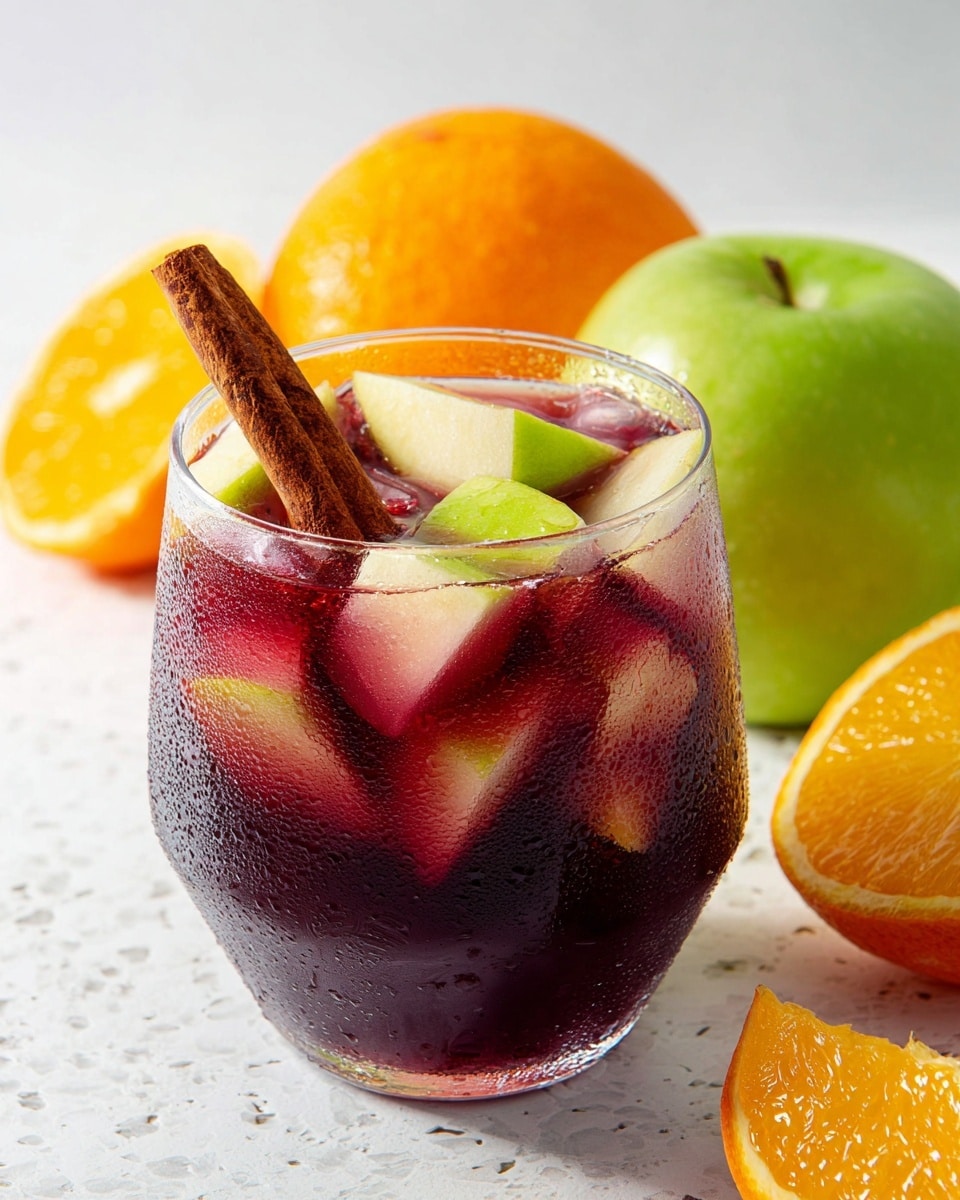 A clear glass filled with a deep red-purple drink and scattered ice cubes creates a refreshing look. Inside the drink, there are three layers of fruit: green apple pieces with smooth skin, bright orange slices with textured peel, and a cinnamon stick resting horizontally on top. The glass has condensation on the outside showing coldness. Around the glass, there are a few whole and halved oranges and a whole green apple in the background, all placed on a white marbled surface. photo taken with an iphone --ar 4:5 --v 7