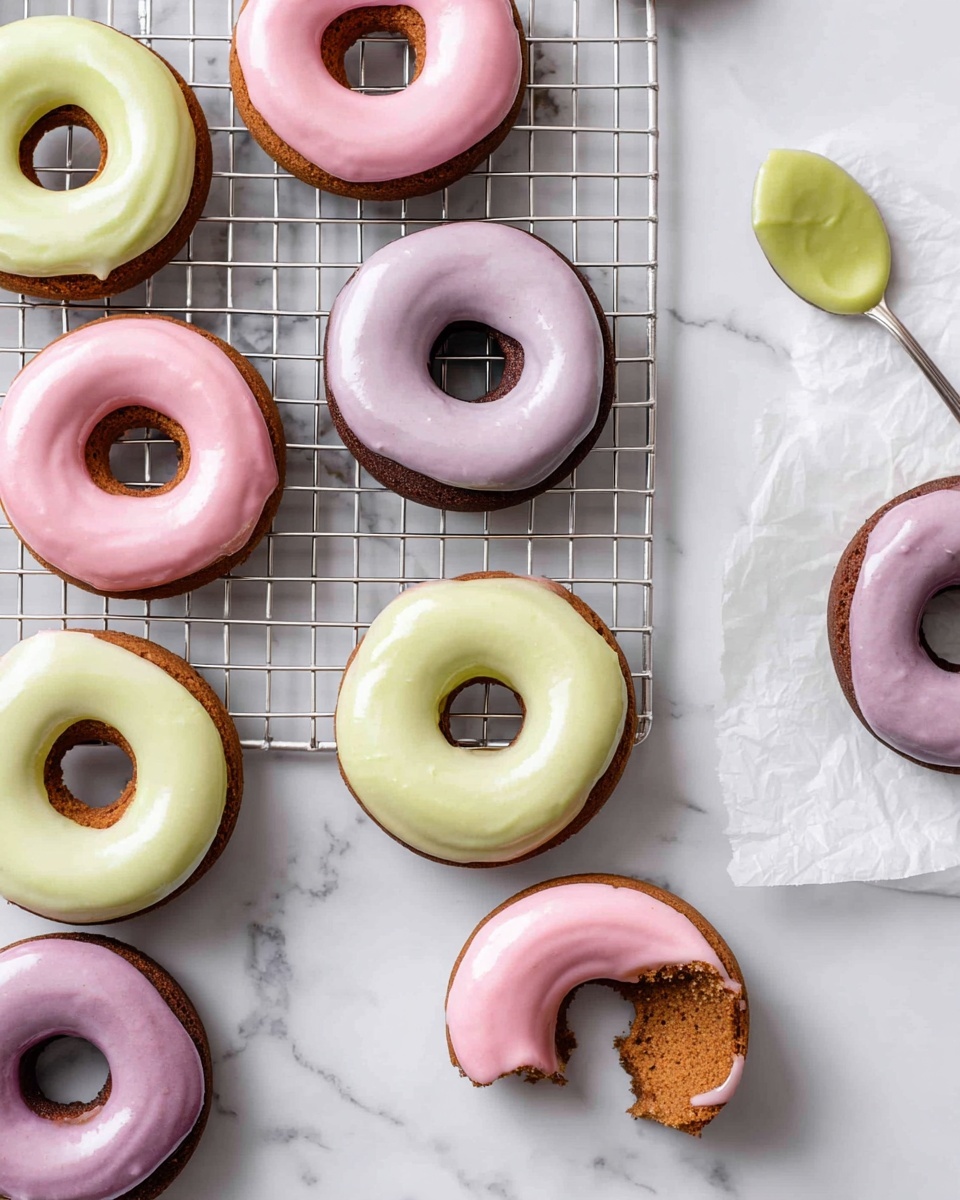 A group of round donuts with a hole in the middle is shown from above on a white marbled surface. Each donut has two layers: a bottom baked dough layer that varies between light brown and dark brown, and a top smooth icing layer in pastel colors including light pink, lavender, bright pink, and light green. The icing coats the top surface and edges unevenly, some dripping slightly down the sides. The donuts are placed close but not touching, showing their soft texture and colorful toppings clearly. photo taken with an iphone --ar 4:5 --v 7