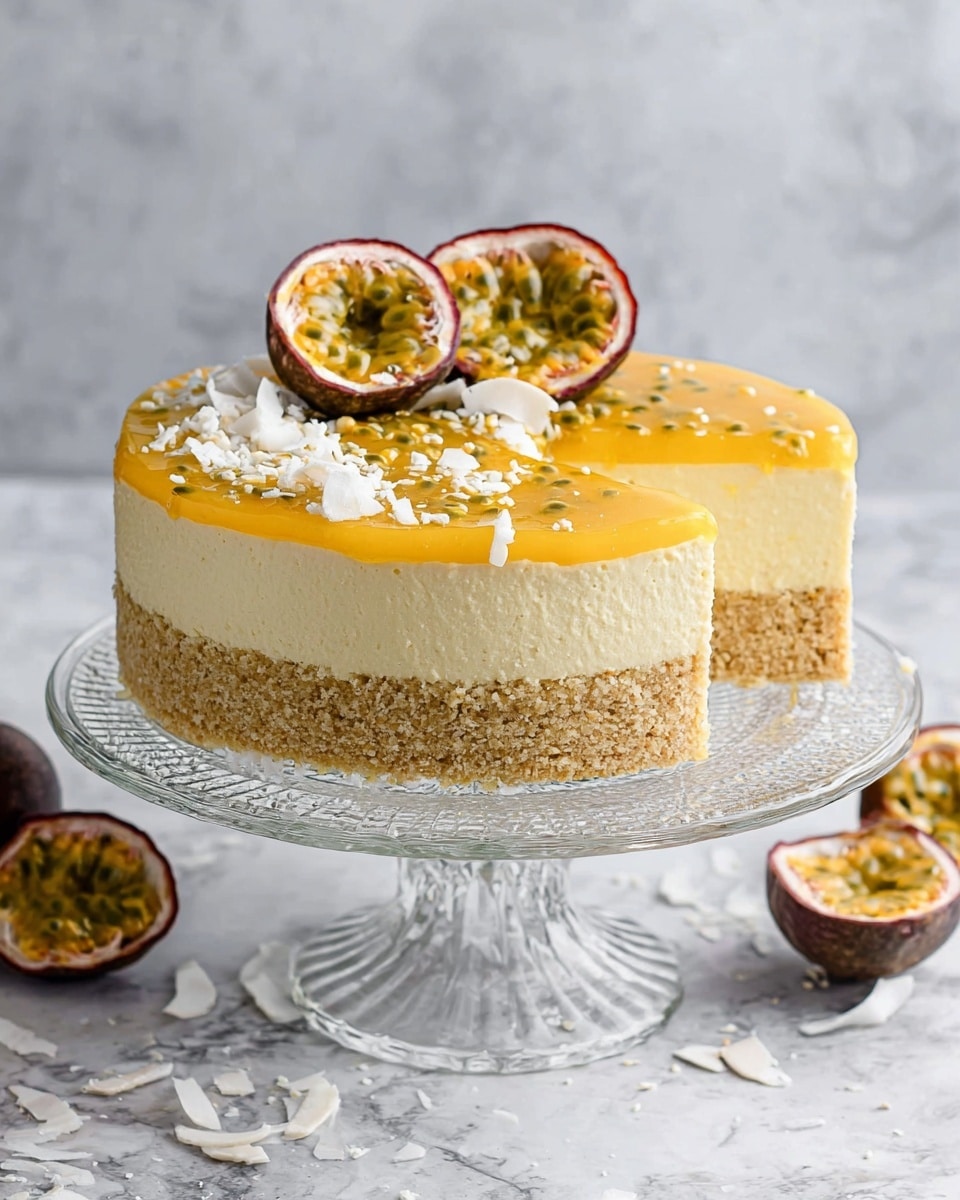 A three-layer round cake on a clear glass stand, with the bottom layer crumbly and light brown like a cookie base, the middle layer thick, creamy, and pale beige with a soft texture, and the top layer smooth and glossy yellow. The top is decorated with two halves of passion fruit showing yellow seeds, white flakes, and coconut shreds scattered around the edge. The cake is set on a white marbled surface with halved passion fruits nearby. photo taken with an iphone --ar 4:5 --v 7