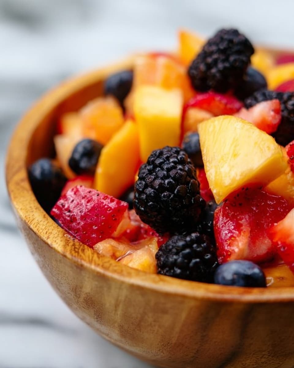 A wooden bowl filled with a mix of fresh fruit pieces, including dark blackberries, smooth blueberries, orange chunks of peach or nectarine, and bright red strawberry slices. The fruit is piled close to the rim of the bowl, showing different textures like the bumpy blackberries, soft blueberries, and juicy, slightly shiny peach pieces. The background has a white marbled texture, and the image is focused on the colorful fruit inside the bowl, highlighting the freshness and vibrant colors of the fruit. Photo taken with an iphone --ar 4:5 --v 7