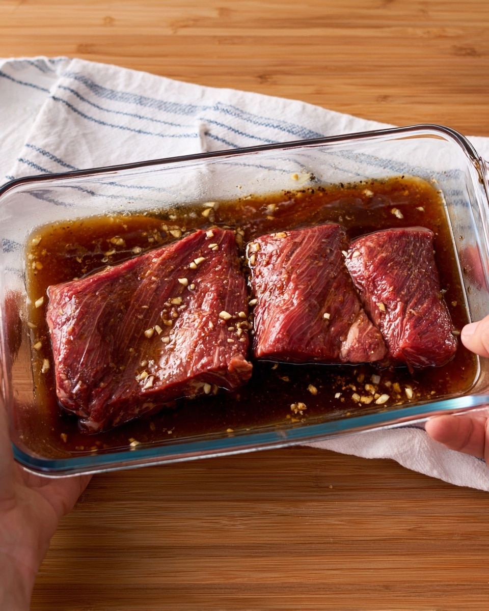 A clear glass rectangular dish holds three thick, dark red pieces of raw meat submerged in a shiny brown marinade sprinkled with small minced garlic bits. Two woman's hands are holding the dish on opposite sides, with a white towel striped with blue resting on the wooden table behind. The scene is set on a white marbled texture surface. photo taken with an iphone --ar 4:5 --v 7