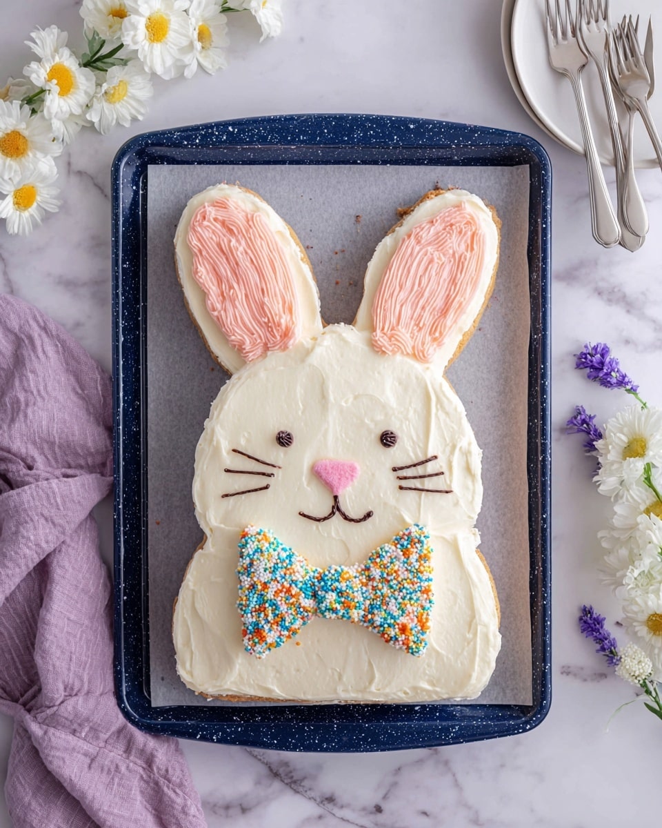 The image shows a bunny-shaped cake with two main layers of frosting. The base layer is white cream covering the whole bunny shape, including the face and ears. Inside the ears, there is a pink cream layer. The bunny's eyes, whiskers, and mouth are drawn with thin black lines, while the nose and inner mouth line are pink. The bunny is wearing a bow tie filled with white frosting and topped with colorful sprinkles in shades of blue, yellow, orange, and pink. The cake is on a sheet of parchment paper over a blue baking tray with white speckles. Around the tray are white flowers with yellow and purple small flowers and a white plate holding three silver forks on a white marbled surface. A soft purple cloth is visible on the left side of the tray. Photo taken with an iphone --ar 4:5 --v 7