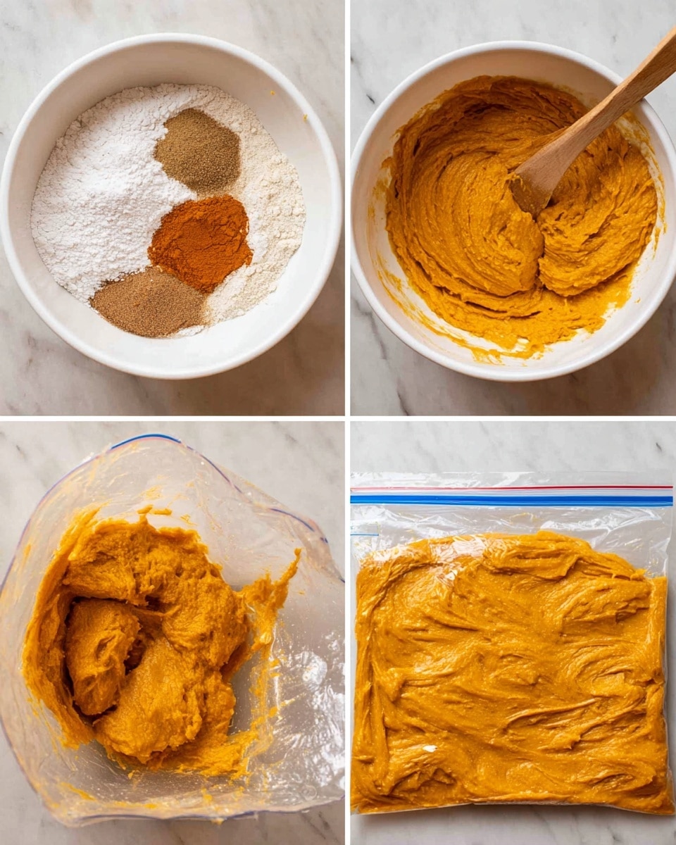 The image shows four steps of making a smooth orange-colored batter. The first step displays a white bowl with dry white flour, brown spice powder, bright orange pumpkin puree, and a wooden spoon on the right side. The second step is the same white bowl with the ingredients mixed into a thick, smooth orange batter with swirled texture, the wooden spoon still on the right. The third step shows the orange batter placed inside a clear plastic zip lock bag, with some batter stuck on the inside walls, and the bag standing open. The fourth step is the same clear zip lock bag sealed, filled flat with the smooth orange batter, resting on a white marbled surface. Photo taken with an iphone --ar 4:5 --v 7