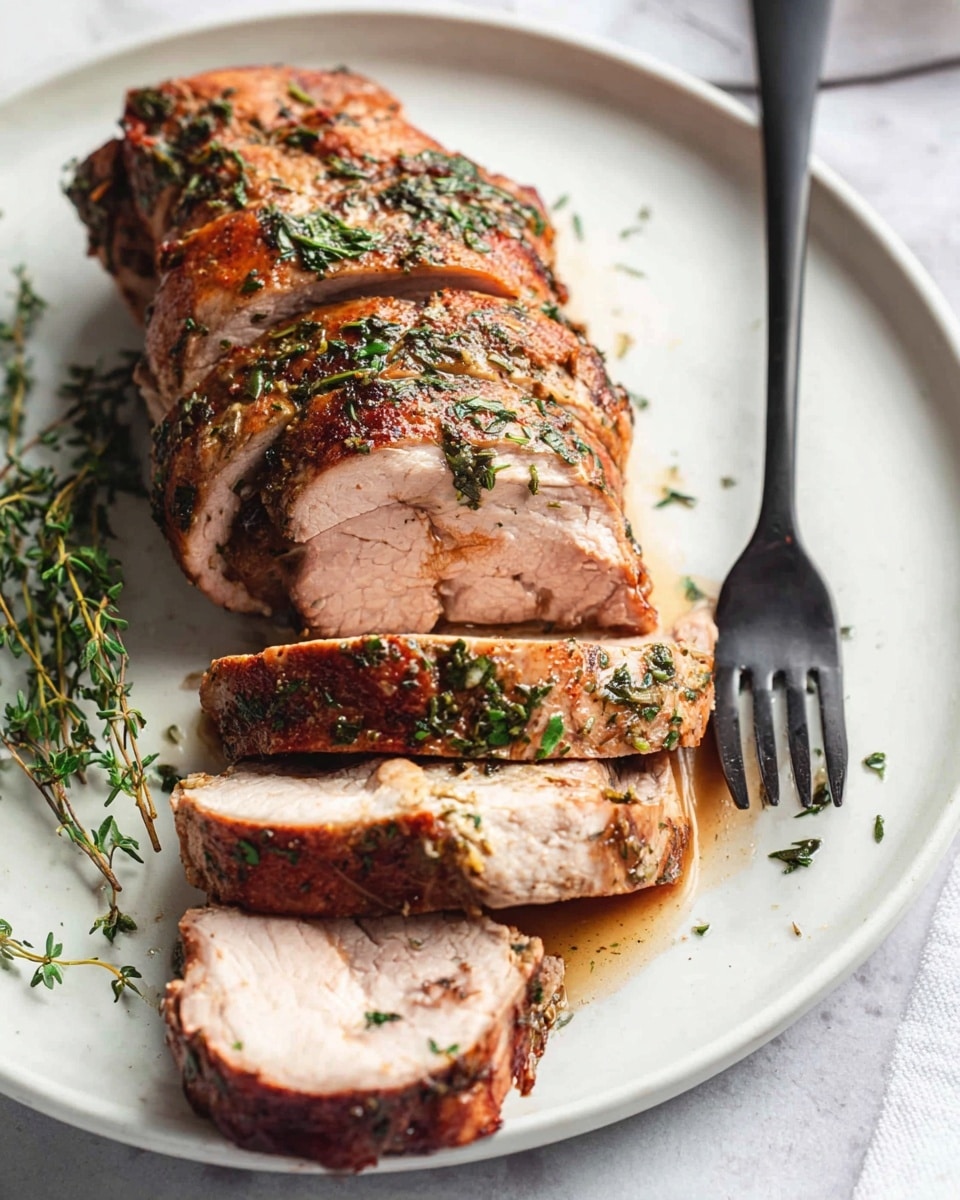 The image shows a single layer of sliced cooked meat arranged on a white plate resting on a white marbled surface. The meat is light brown with a slightly crispy outer layer and soft inside, garnished with fresh green herbs scattered on the top. The focus is on the front slices, showing their rough texture and juicy look, while the background is blurred, emphasizing the meat’s detail. Photo taken with an iphone --ar 4:5 --v 7
