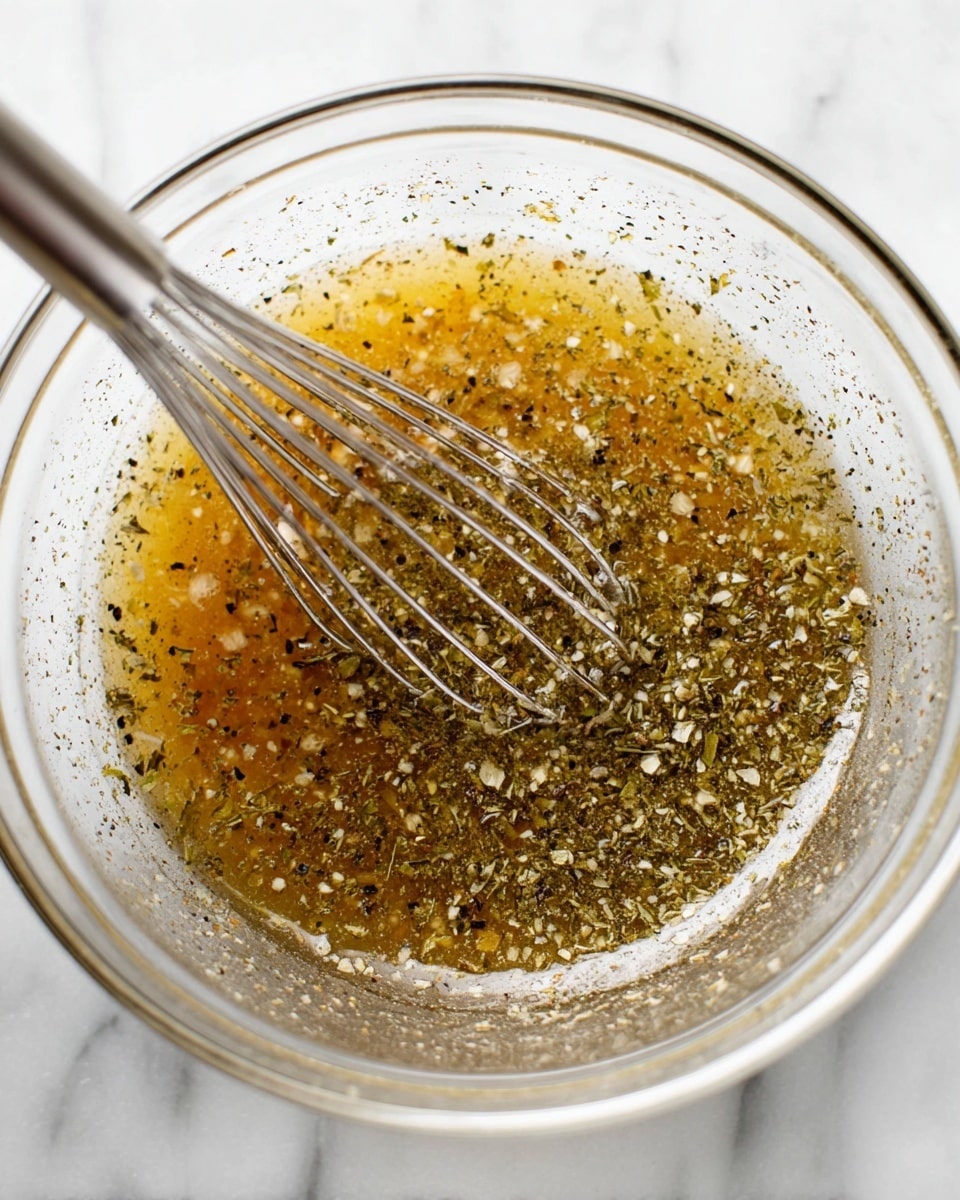 A clear glass bowl sits on a white marbled surface, filled with a light brown, oily liquid mixed with finely ground herbs and spices, creating a speckled texture throughout the mixture. A metal whisk is partially submerged on the left side, its shiny loops reflecting light, blending the dressing inside the bowl. The herbs and spices provide a mottled look, with small flecks of green, black, and white evenly dispersed within the translucent liquid. photo taken with an iphone --ar 4:5 --v 7