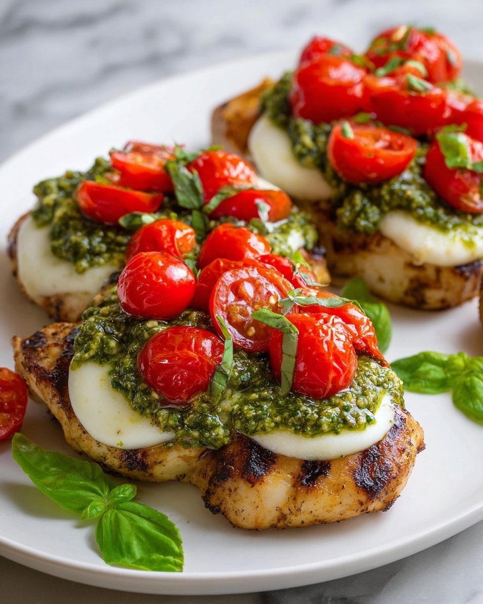 The dish shows three grilled pieces of chicken on a white plate with a white marbled texture below it. Each chicken piece is layered with a slice of white mozzarella cheese, topped with a thick green pesto sauce that has a slightly coarse texture. On top of the pesto are several halved bright red cherry tomatoes that look fresh and juicy. There are also some fresh green basil leaves scattered around the plate for decoration. The colors are vibrant, with the golden-brown grilled chicken contrasting against the white cheese, green pesto, and red tomatoes. Photo taken with an iphone --ar 4:5 --v 7