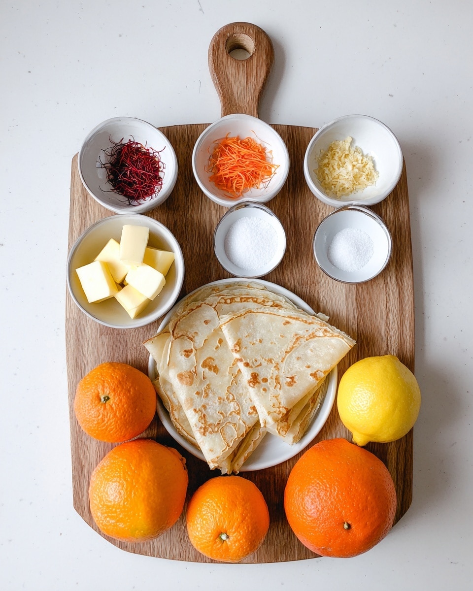 A wooden board with a handle on top holds six white dishes and fresh fruits. On the top row, from left to right, there are white bowls with thin dark red saffron strands, an empty white bowl, and a bowl with thin orange carrot shreds. Below these, there is a bowl filled with small cubes of light yellow butter on the left and a bowl of white granulated sugar on the right. Centered below these bowls is a plate with several thin folded crepes that have light tan spots. Surrounding the board's bottom are whole bright orange tangerines and orange-colored grapefruit halves, along with one bright yellow lemon near the middle. The entire setup sits on a white marbled surface. photo taken with an iphone --ar 4:5 --v 7