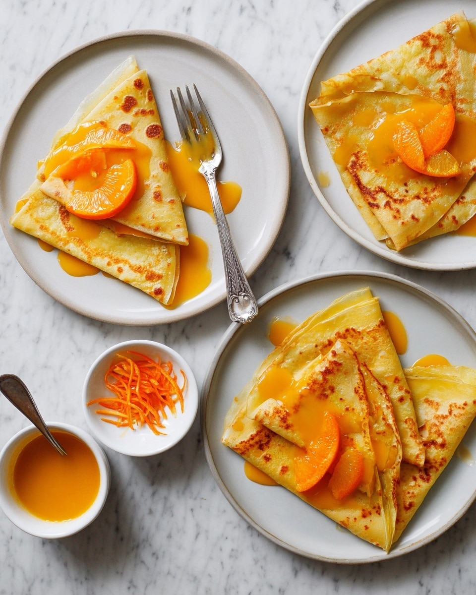 A white plate holds a stack of seven folded golden yellow crepes with light brown spots, each crepe folded into a triangle and layered slightly overlapping each other. The crepes are topped and surrounded by an orange-colored sauce with thin strips of orange zest scattered on top, adding a bright contrast. A silver spoon rests partially visible at the bottom of the plate, set on a white marbled surface. The lighting highlights the soft texture and slight shininess of the sauce on the crepes. Photo taken with an iphone --ar 4:5 --v 7