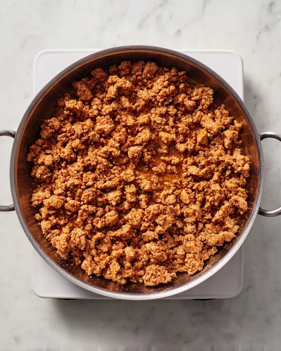 A skillet filled with cooked ground meat that is crumbly and browned with a reddish tint, showing a mix of small and medium chunks scattered evenly across the pan. The pan is round with two handles and is placed on a white hot plate against a white marbled surface. The texture of the meat looks slightly dry and crumbly, with some oil and spices visible beneath the meat pieces. photo taken with an iphone --ar 4:5 --v 7