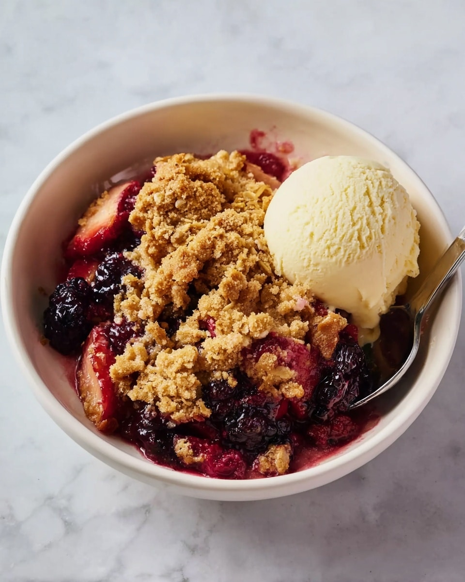 A rectangular white baking dish filled with a fruit crumble. The bottom layer is a deep red and purple mix of cooked berries, slightly visible around the edges. The top layer is a thick, golden-brown crumbly oat topping that covers the whole surface evenly with a rough texture. The baking dish is placed on a white marbled surface with a dark blue cloth partly underneath it. Photo taken with an iphone --ar 4:5 --v 7