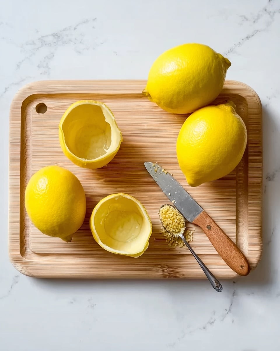 The image shows a light wooden cutting board on a white marbled surface. On the board, there are three whole bright yellow lemons at the top right. Below them, there are two hollowed lemon shells with tops placed nearby, and one lemon shell with its inside scraped empty. A small metal spoon with some lemon seeds rests near the empty lemon shell. To the top right side of the board, there is a small knife with a wooden handle. The lighting highlights the shiny, smooth texture of the lemons and the clean wooden board. photo taken with an iphone --ar 4:5 --v 7