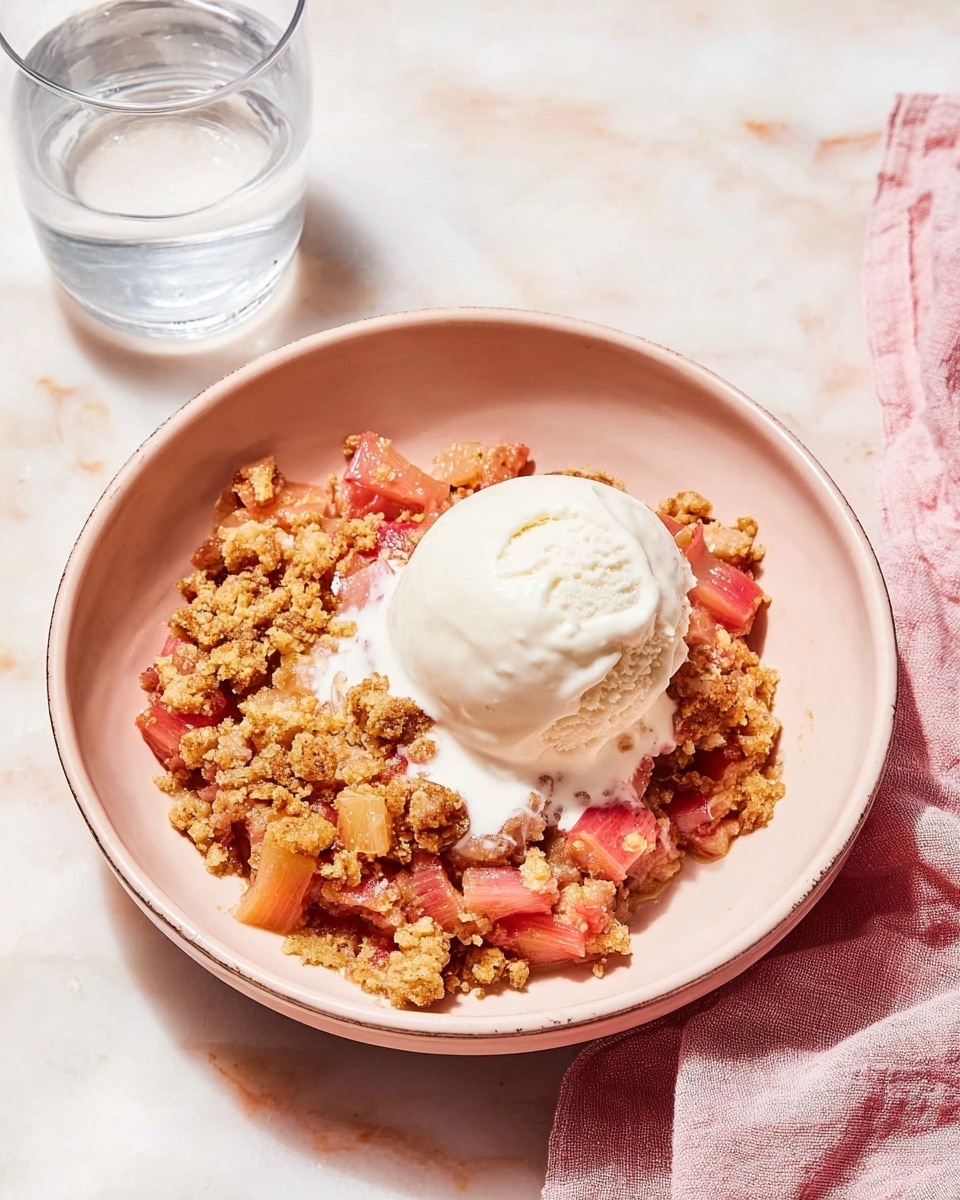 A light pink bowl is filled with two main layers: at the bottom is a chunky rhubarb crumble with pink and orange soft rhubarb pieces mixed with crumbly golden brown topping, and on top is a large round scoop of creamy white vanilla ice cream starting to melt gently, with some melted cream blending into the crumble. The bowl sits on a white marbled surface with a soft pink cloth and a clear glass of water nearby. photo taken with an iphone --ar 4:5 --v 7