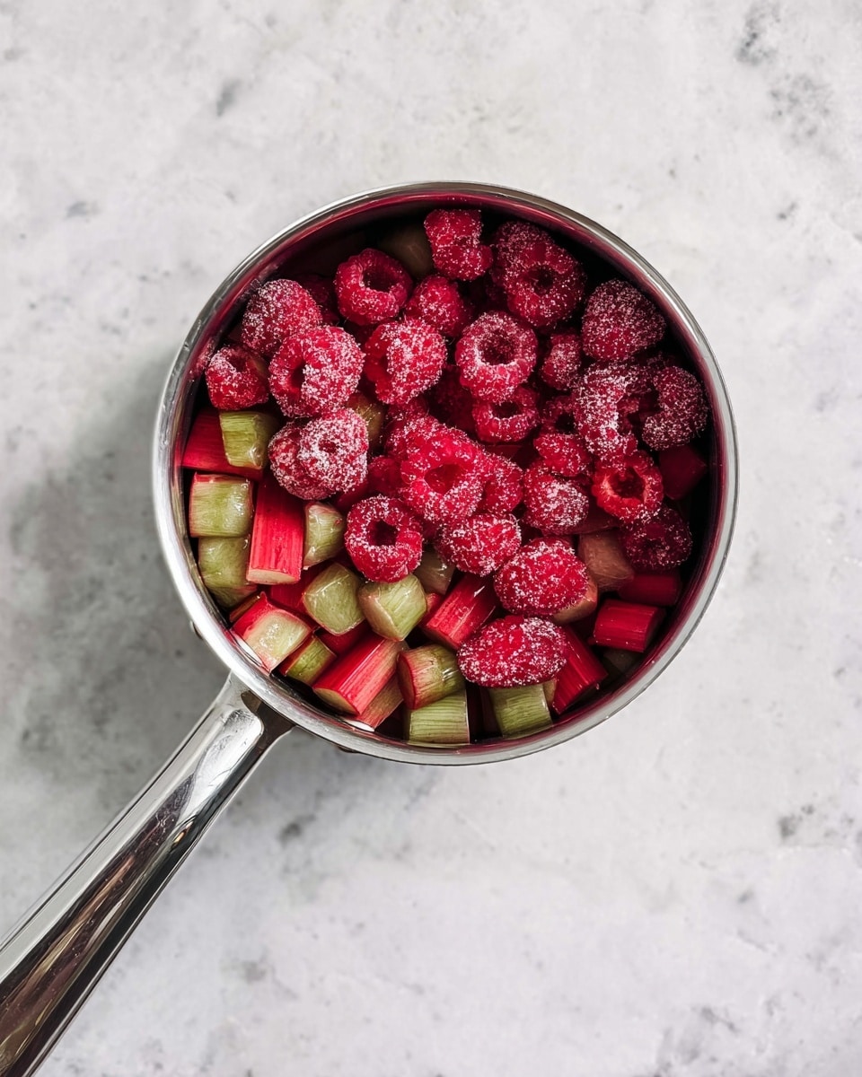 A shiny silver pot is seen from above, containing two layers of fruit, placed on a white marbled surface. The bottom layer is made of small pieces of red rhubarb with a pale green inside. On top, there is a thick layer of red raspberries, some of them showing tiny frozen crystals. The pot's long handle extends towards the bottom of the image. Photo taken with an iphone --ar 4:5 --v 7
