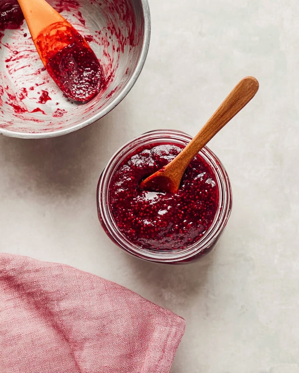 A clear glass jar filled about three-quarters with chunky red berry jam showing bits of seeds and fruit pulp inside. The jar has smears of jam around the top edges and inside rim. The jar sits on a white marbled surface near a white window sill with soft daylight creating gentle shadows. The jam has a rich deep red color with glistening wet texture. Photo taken with an iphone --ar 4:5 --v 7