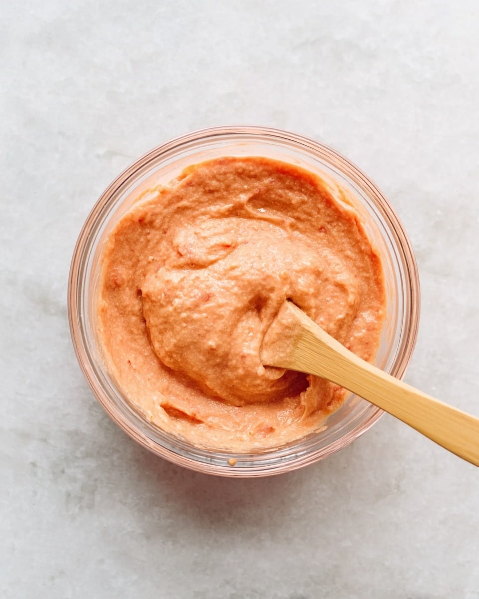 A clear glass jar filled with a thick, textured light orange-pink mixture that nearly reaches the top. The surface of the mixture is uneven with swirls and small lumps. A wooden spoon with a smooth, natural grain handle stands upright inside the jar. The jar sits on a white marbled surface with a soft, bright background. Photo taken with an iphone --ar 4:5 --v 7