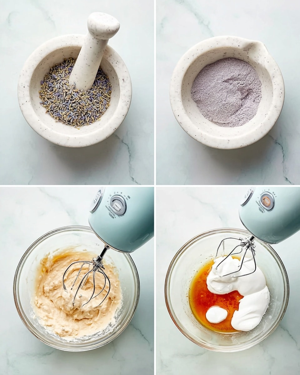 The image shows four square frames arranged in a grid, each containing different stages of preparing a mixture. In the first frame, a white ceramic mortar holds dry lavender buds, set against a white marbled surface, with a white ceramic pestle nearby. The second frame shows the lavender ground into a fine purple-grey powder inside the same white mortar, placed on the same white marbled surface. The third frame contains a clear glass mixing bowl with a pale creamy mixture being beaten by a light blue electric mixer on the white marbled surface. The fourth frame features the same mixing bowl with the pale mixture now combined with dollops of white, a small pool of golden brown liquid, and a bit of light red sauce, all resting on the white marbled surface. photo taken with an iphone --ar 4:5 --v 7