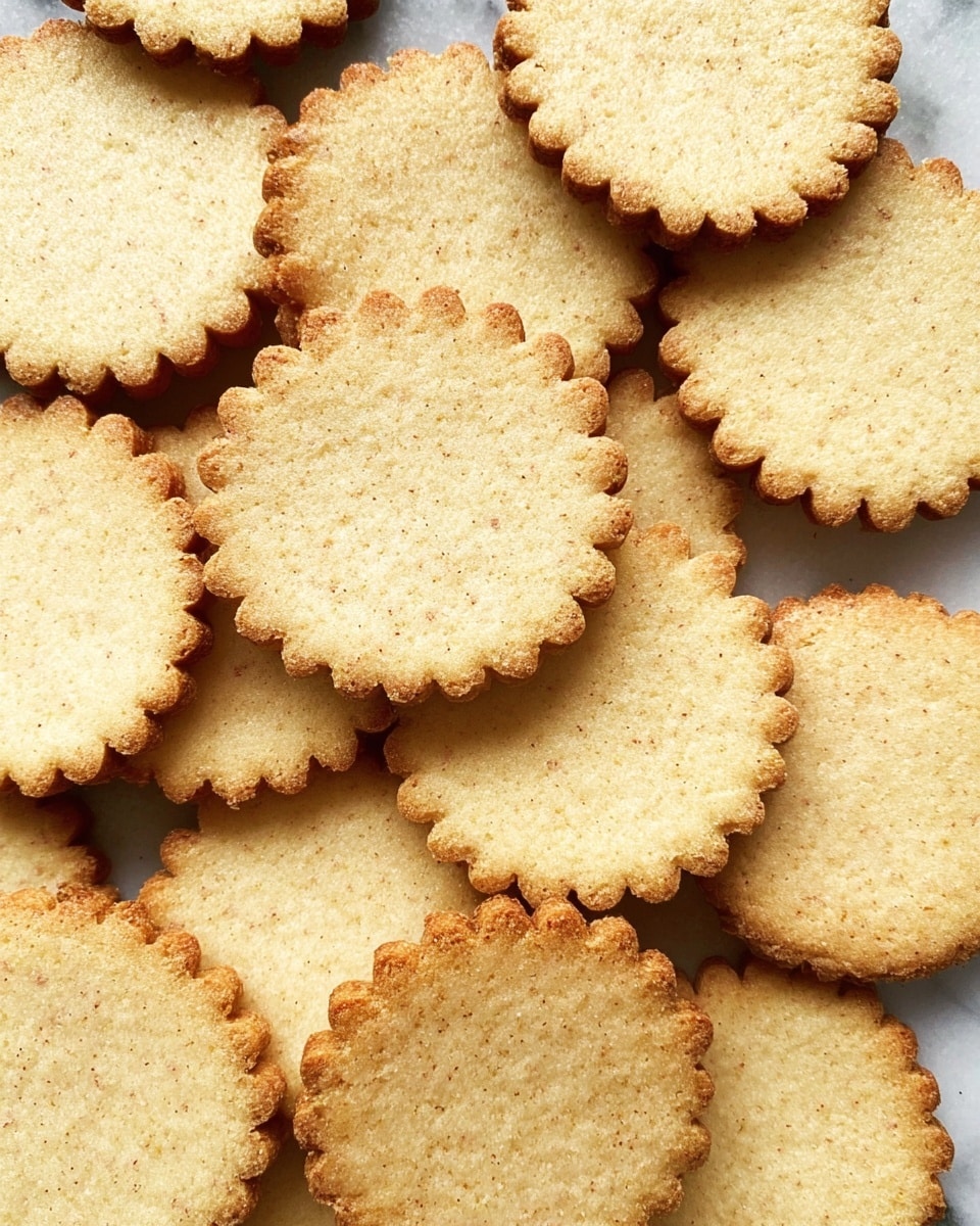 A close-up view of many round cookies with scalloped edges, all light golden brown with a smooth surface showing slight specks of vanilla or spice. The cookies are laid out overlapping each other on a white marbled textured surface, showing their thin texture and slightly darker brown edges from baking, with a soft, crumbly texture visible. photo taken with an iphone --ar 4:5 --v 7