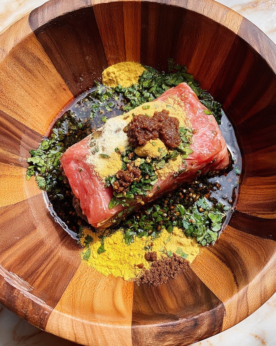 A thick square slice of layered lasagna sits on a white plate with a thin teal edge, placed on a white marbled surface. The lasagna has multiple visible layers of pasta and meat sauce with a rich brown color, topped with melted cheese that is golden and slightly browned in spots. The top is sprinkled with small green herbs and white sesame seeds, with a glossy dark brown sauce pooled around the base, adding shine. In the background, there is a blue dish and a blue plate holding a small lit cream-colored candle, with two red salt and pepper grinders slightly out of focus. Photo taken with an iphone --ar 4:5 --v 7