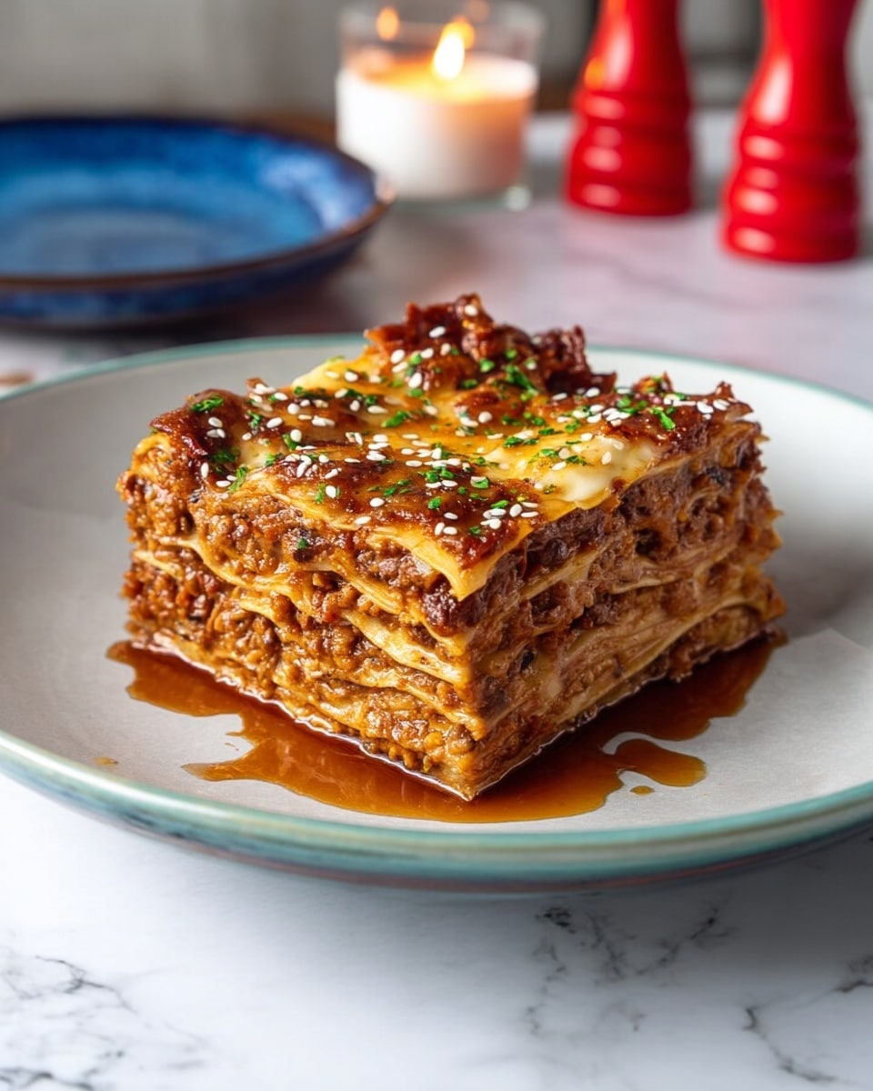 The image shows a baked dish in a white rectangular ceramic baking tray with cream-colored handles. The dish has about three visible layers; the bottom layers appear filled with dark ingredients, while the top layer consists of pale, slightly browned pasta or dough. The surface is drizzled with a light brown sauce and dotted with red chili oil, giving a shiny texture. Small green chive bits and white sesame seeds are sprinkled evenly on top, adding color contrast. The tray is placed on a white marbled surface with a white pumpkin decoration on the left side, and two orange shakers next to a small lit candle on a dark blue plate in the upper right background. Photo taken with an iphone --ar 4:5 --v 7