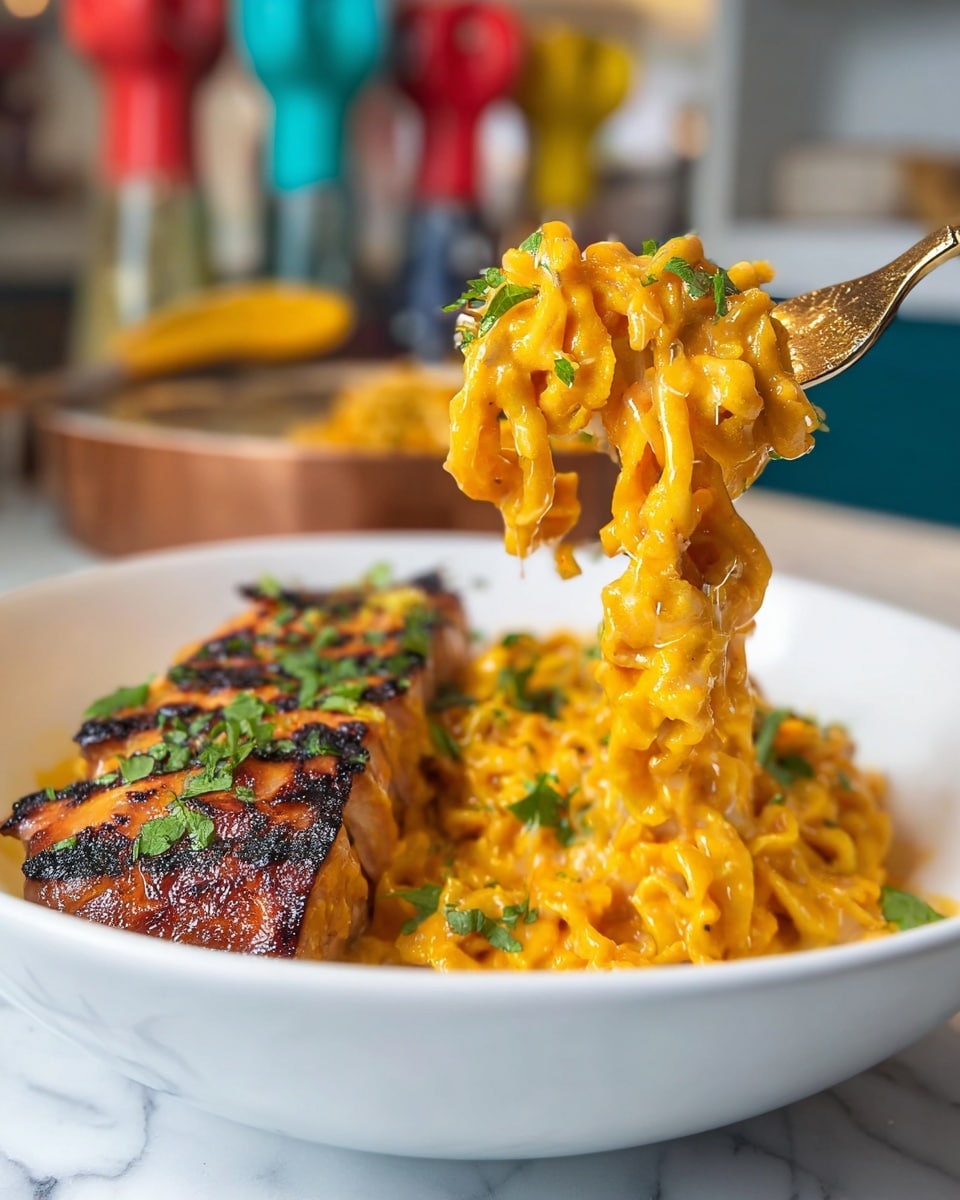 A close-up of a fork holding a twisted pile of creamy, bright orange noodles with small green herb pieces mixed in, alongside a golden-brown grilled piece of meat with charred marks; below, the white bowl is filled with more creamy noodles and a larger grilled meat piece topped with fresh green herbs, all placed on a white marbled surface with blurred colorful kitchen items in the background. photo taken with an iphone --ar 4:5 --v 7