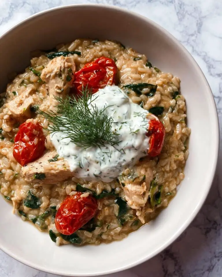 Mediterranean Chicken Risotto with Roasted Cherry Tomatoes and Tzatziki Recipe