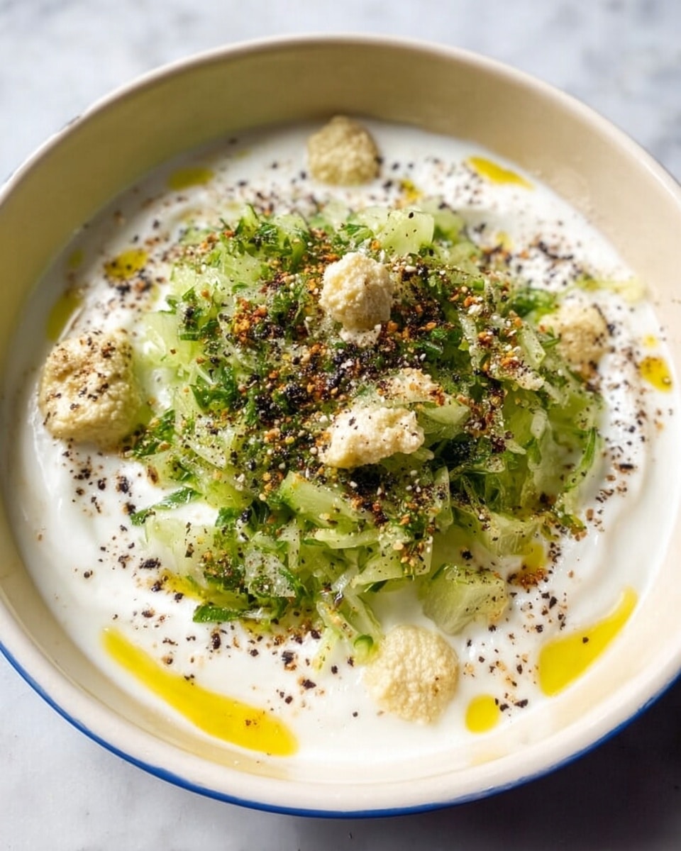 A white bowl filled with a creamy white yogurt layer at the bottom, topped with a light green shredded cucumber mixture sitting in the center. On top of the cucumber, there are small dollops of a pale yellow paste, with a drizzle of golden olive oil around and black pepper sprinkled over the whole dish. The bowl is placed on a white marble surface. photo taken with an iphone --ar 4:5 --v 7